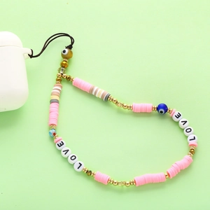 Bohemian LOVE letter beaded phone strap with pink clay beads and evil eye charm