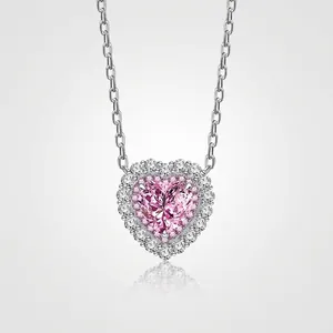 Heart Pendant Necklace 925 Sterling Silver High Carbon Diamond Double Halo Brilliant Stone Elegant Jewelry For Women