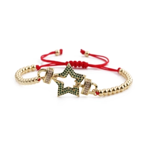 Bracelet ajustable en cordon rouge avec perles dorées et breloque étoile en zircon vert