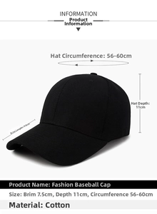 Detailed size chart for the black cotton baseball cap with 56-60cm circumference