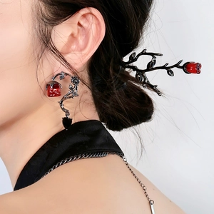 Gothic red rose stud earrings and hair stick set with black metal vine details