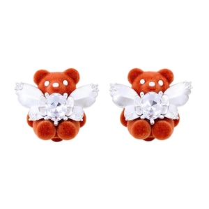 Cute brown flocked teddy bear earrings with silver wings and sparkling zircon accents