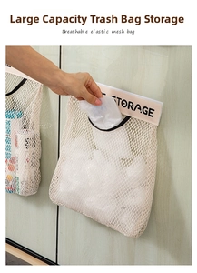 Detail of hanging breathable mesh bag storage for plastic bags on a cabinet door