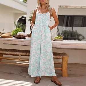 Floral print wide-leg jumpsuit with thin straps in a fresh mint green and white style