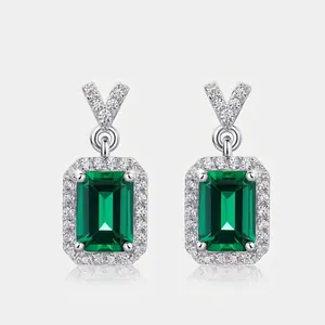 925 Sterling Silver Lab-Grown Emerald Zirconia Stud Earrings Elegant Geometric Halo Jewelry For Women Wedding Party Gift