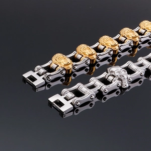 Punk style stainless steel chain bracelets with gold buddha and silver skull charms