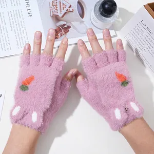 Pink plush fingerless gloves with carrot embroidery and convertible flip cover for women