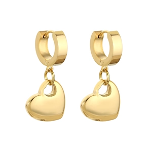 Polished golden stainless steel hoop earrings with hollow heart-shaped pendants