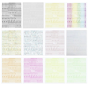 Detailed set of 12 colors laser alphabet nail stickers with metallic and rainbow finishes