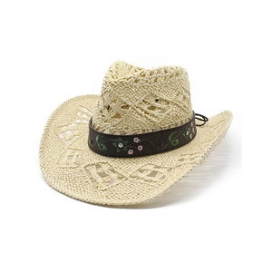 Detail of hollow woven cowboy hat featuring floral embroidery and metal studs on band