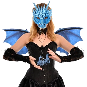 Blue dragon mask and wings set for adult carnival party costumes on white background