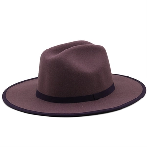 Deep purple wool felt fedora hat with wide brim and black decorative ribbon trim