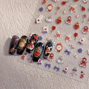 3D relief Alice in Wonderland nail stickers with pocket watch and heart patterns