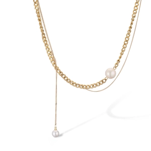 Elegant gold double-layered titanium steel necklace with white pearl heart pendant charm