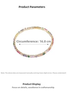 Detail of colorful cubic zirconia bracelet in gold finish with 16.8cm circumference