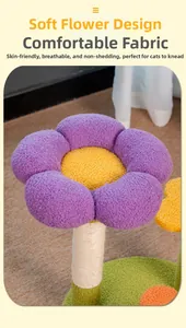 Detail of flower-shaped cat tree featuring purple teddy fleece and white sisal rope
