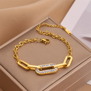 Chunky Chain Bracelet Stainless Steel Gold Plated Cubic Zirconia Encrusted Link Adjustable Jewelry For Women