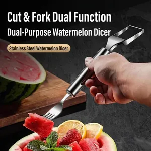 Dual-purpose stainless steel watermelon slicer and fruit fork tool for easy cube cutting