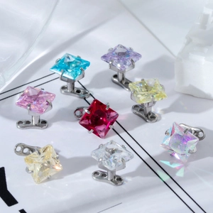 Surgical steel dermal anchors with colorful square cubic zirconia stones in 8 vibrant hues