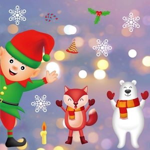 Detail of Christmas window clings featuring elf, red fox, and polar bear cartoon characters