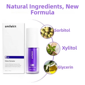 Detail showing V34 Colour Corrector 30ml packaging and key whitening ingredients