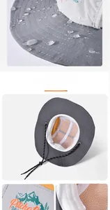 Detail of waterproof fabric and breathable mesh lining on kids grey outdoor sun hat