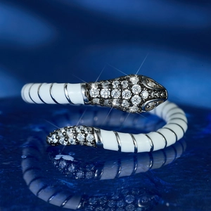 Snake Open Ring 925 Sterling Silver White Enamel Zircon Inlaid Adjustable Animal Design Jewelry For Women Men
