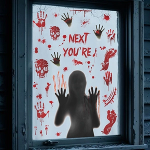 Halloween window stickers set featuring bloody handprints, silhouettes and skulls