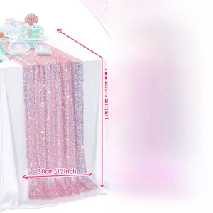 Pink sequin table runner 12x72 inch with detailed views of stitching and texture
