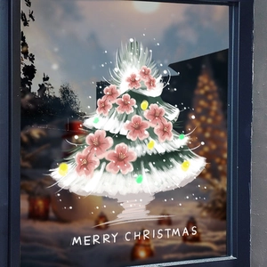 Fensteraufkleber Weihnachtsbaum mit rosa Blüten und verschneitem Merry Christmas Schriftzug
