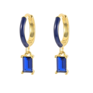 Close-up of S925 silver gold-plated hoop earrings with blue enamel and crystal drops