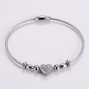 Silver stainless steel heart cable bracelet with micro-pave crystals and magnetic clasp
