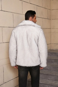 Back view of thick faux fur jacket for men showing collar cut and premium plush texture