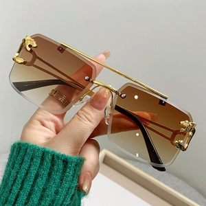 Rimless Rectangle Sunglasses Metal Leopard Head Decor UV400 Retro Square Eyewear For Men Women