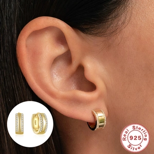 S925 sterling silver gold hoop earrings with double row diamonds worn on model