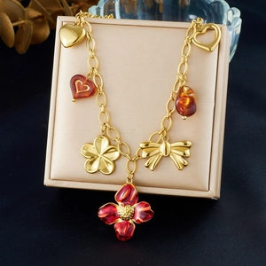 Collier Multi-Pendentifs Fleur Cœur Acier Inoxydable Plaqué Or Rétro Nœud Charme Chaîne Bijoux De Mode Pour Femmes