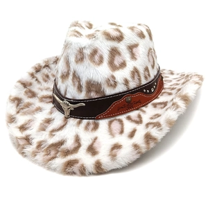 Faux fur leopard print western cowboy hat with studded leather bull head decorative band