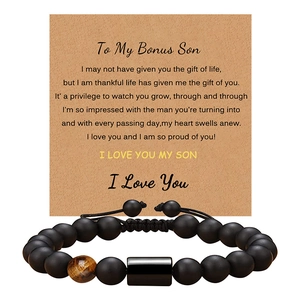 Detail of adjustable matte bead bracelet for bonus son with sentimental gift card