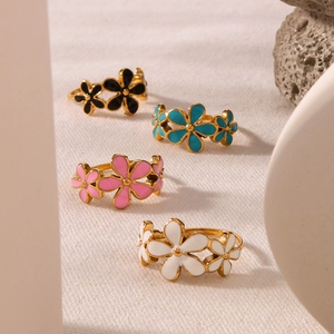 Bagues rétro en acier inoxydable plaqué or 18k avec fleurs marguerites en émail