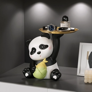 Cute panda resin figurine with a gold storage tray for home decor and key organization