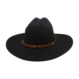 Detail view of black wool felt fedora hat featuring a brown leather strap with silver rivets