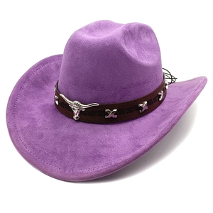 Detail of purple faux suede cowboy hat with silver bull head buckle and studs decoration