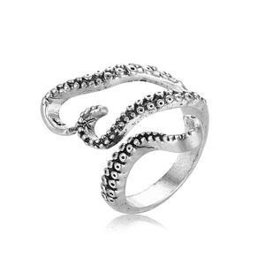 Retro octopus tentacle ring in vintage silver finish with adjustable open band design