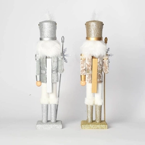 Pair of 38cm wooden Nutcracker figures in gold and silver outfits for Christmas decor