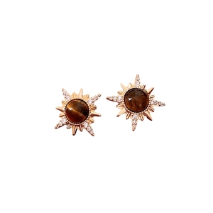18K gold plated tiger eye stone stud earrings with vintage sunburst star design