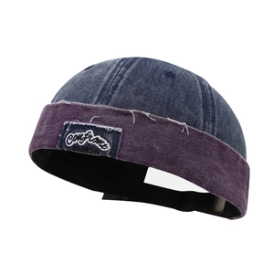 Vintage Miki Hat with contrast blue denim top and burgundy canvas brim with fringe details