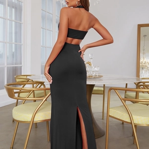 Elegant backless halter top and high waist split maxi skirt two-piece dress set in black