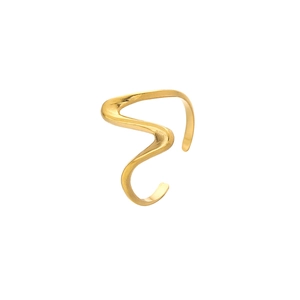 Detailed view of gold plated wavy irregular open ring with polished metal texture
