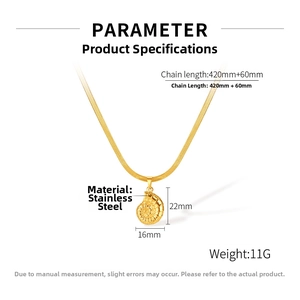 Detail of stainless steel gold conch pendant necklace with snake chain and dimensions