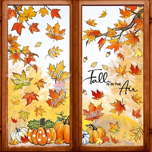 Thanksgiving Maple Leaf Pumpkin Window Stickers PVC Self Adhesive Autumn Harvest Window Decals Home Kitchen Glass Decor